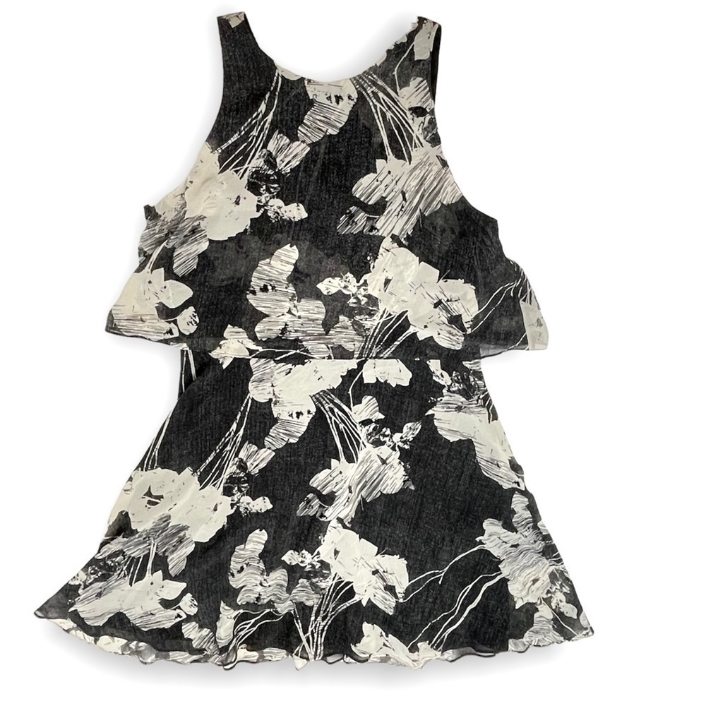 Halston Black and cream sleeveless swing dress with cape bodice zip back lined  